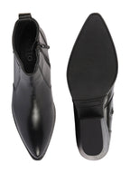 Shop Women Black Mid Top Side Zipper Slip On Flared Heel Pointed Toe Chelsea Boots Online.