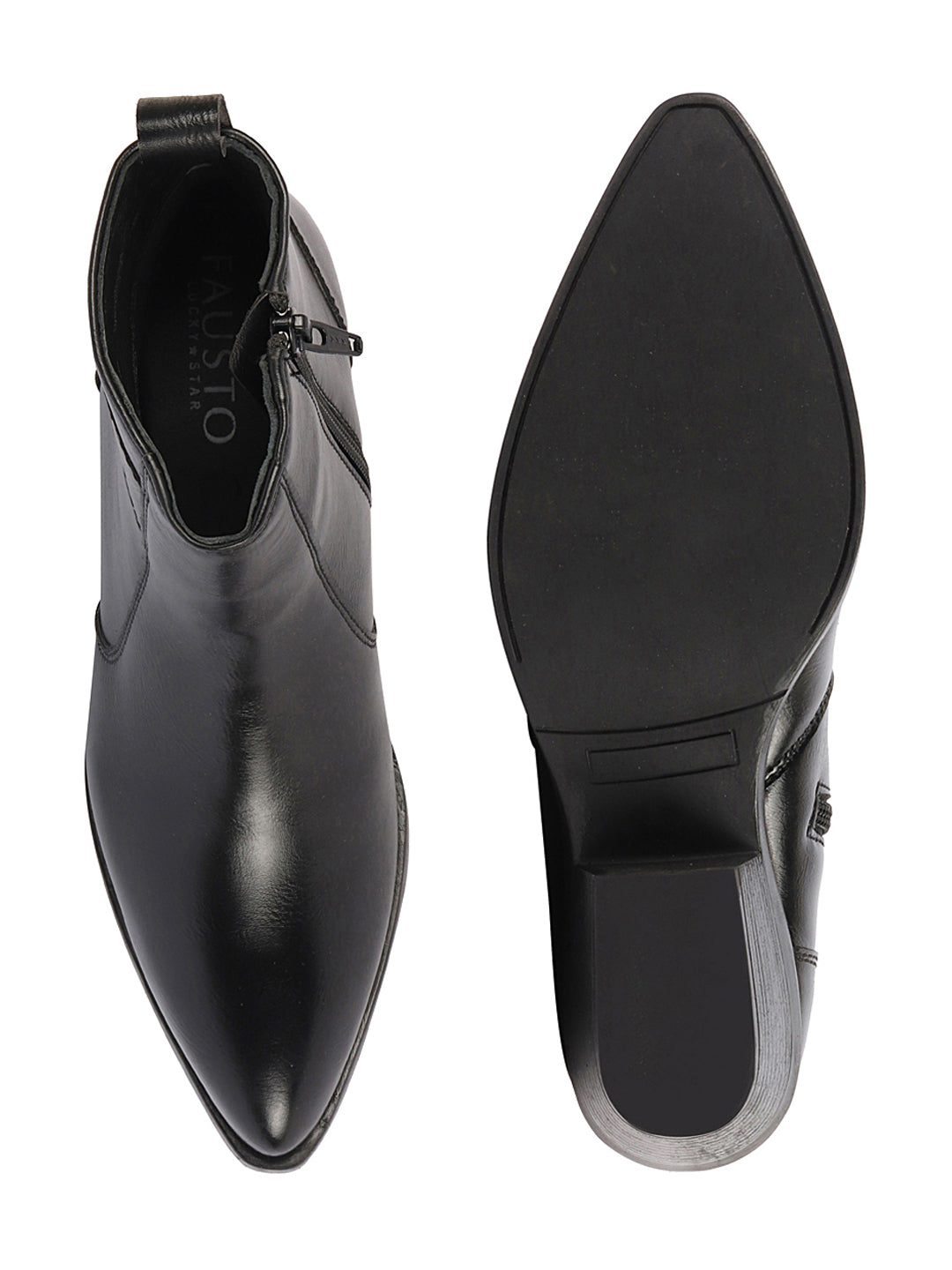 Shop Women Black Mid Top Side Zipper Slip On Flared Heel Pointed Toe Chelsea Boots Online.