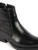 Shop Women Black Mid Top Side Zipper Slip On Flared Heel Pointed Toe Chelsea Boots Online.