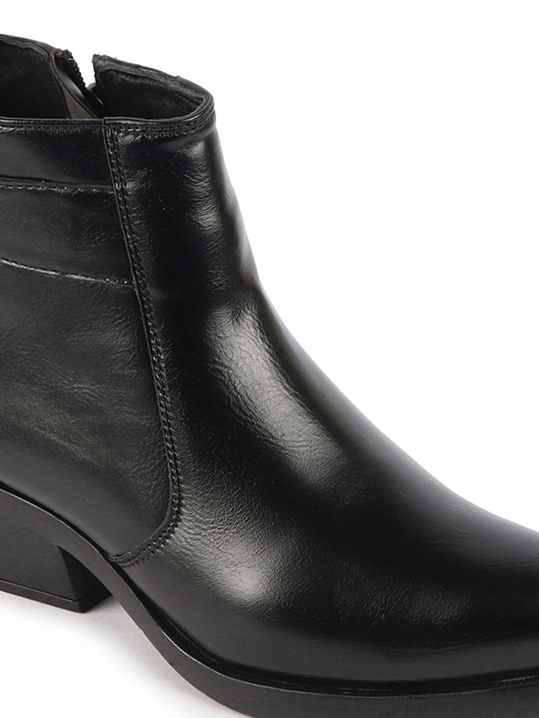 Shop Women Black Mid Top Side Zipper Slip On Flared Heel Pointed Toe Chelsea Boots Online.