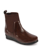 Shop Women Brown Mid Top Socks Collar Broad Feet Slip On Wedge Heel Chelsea Boots Online.