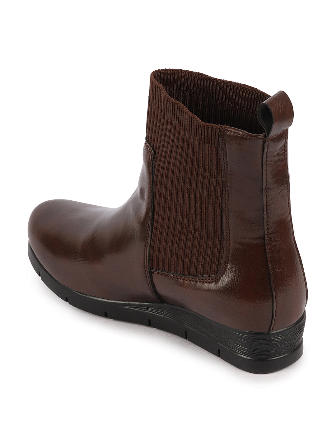 Shop Women Brown Mid Top Socks Collar Broad Feet Slip On Wedge Heel Chelsea Boots Online.