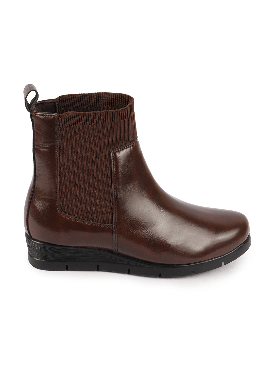 Shop Women Brown Mid Top Socks Collar Broad Feet Slip On Wedge Heel Chelsea Boots Online.