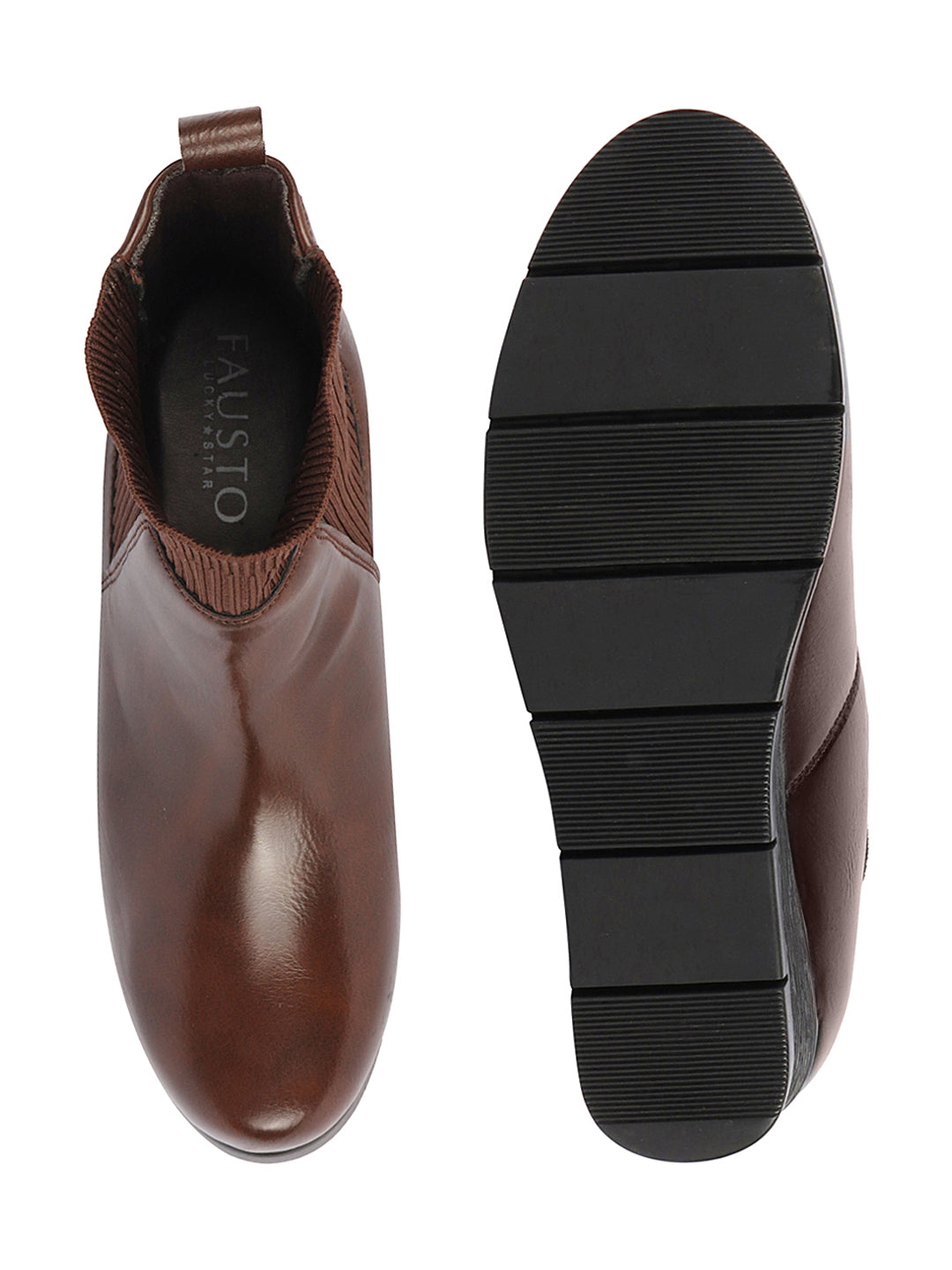 Shop Women Brown Mid Top Socks Collar Broad Feet Slip On Wedge Heel Chelsea Boots Online.