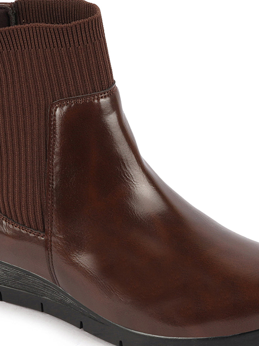 Shop Women Brown Mid Top Socks Collar Broad Feet Slip On Wedge Heel Chelsea Boots Online.