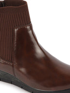 Shop Women Brown Mid Top Socks Collar Broad Feet Slip On Wedge Heel Chelsea Boots Online.