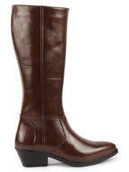 Shop Women Brown Knee Length Side Zipper Closure Pointed Toe Flared Heel Boots Online.