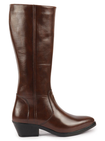 Shop Women Brown Knee Length Side Zipper Closure Pointed Toe Flared Heel Boots Online.