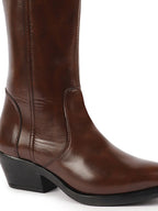 Shop Women Brown Knee Length Side Zipper Closure Pointed Toe Flared Heel Boots Online.