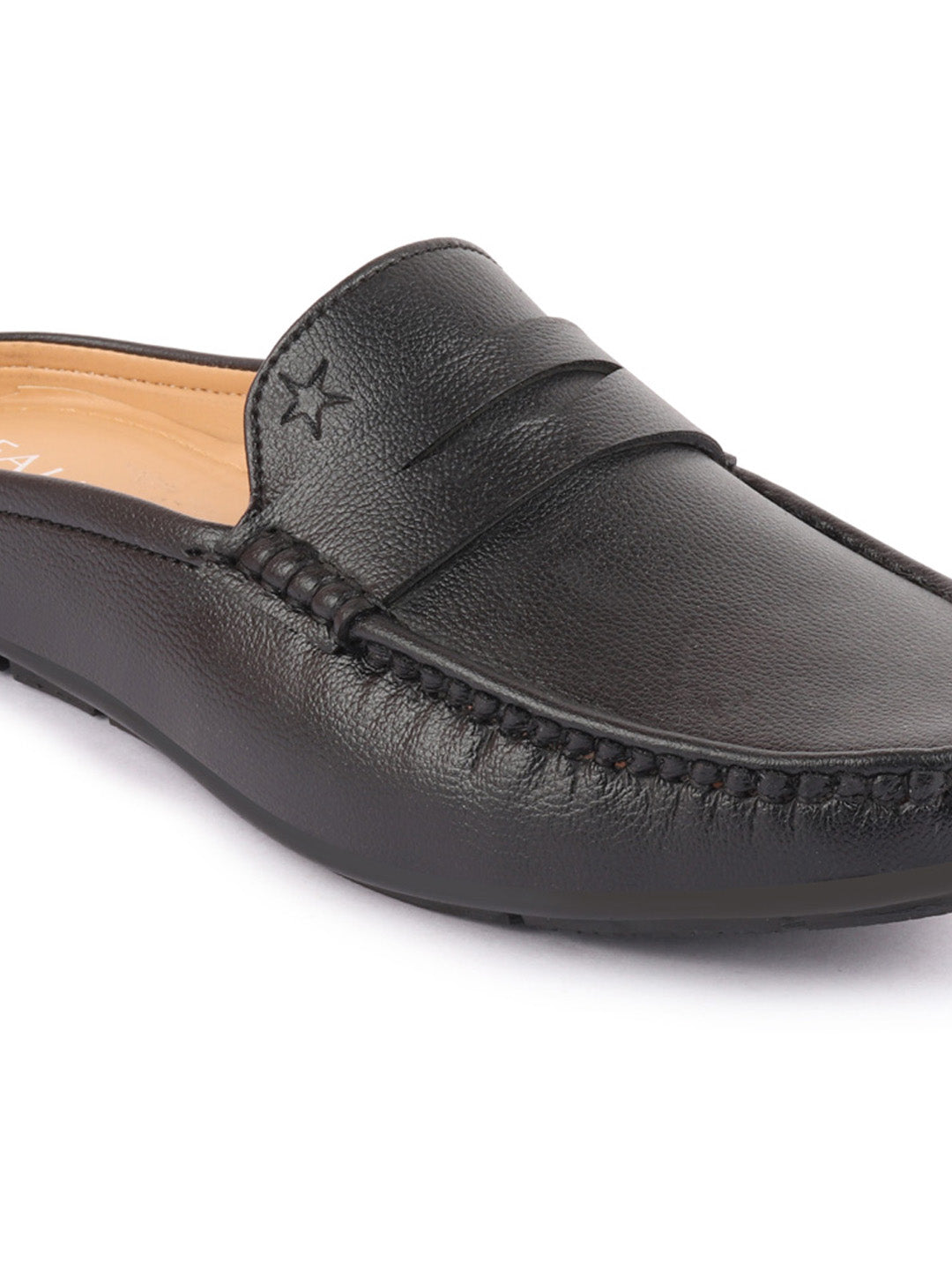 Shop Men Black Slip On Back Open Stitched Mules Casual Shoes Online.