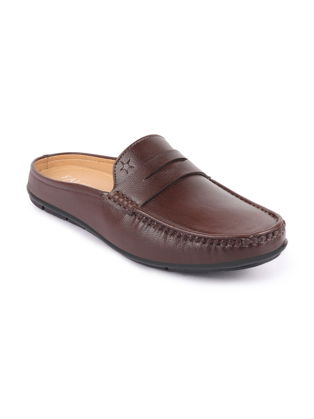 Shop Men Brown Slip On Back Open Stitched Mules Casual Shoes Online.