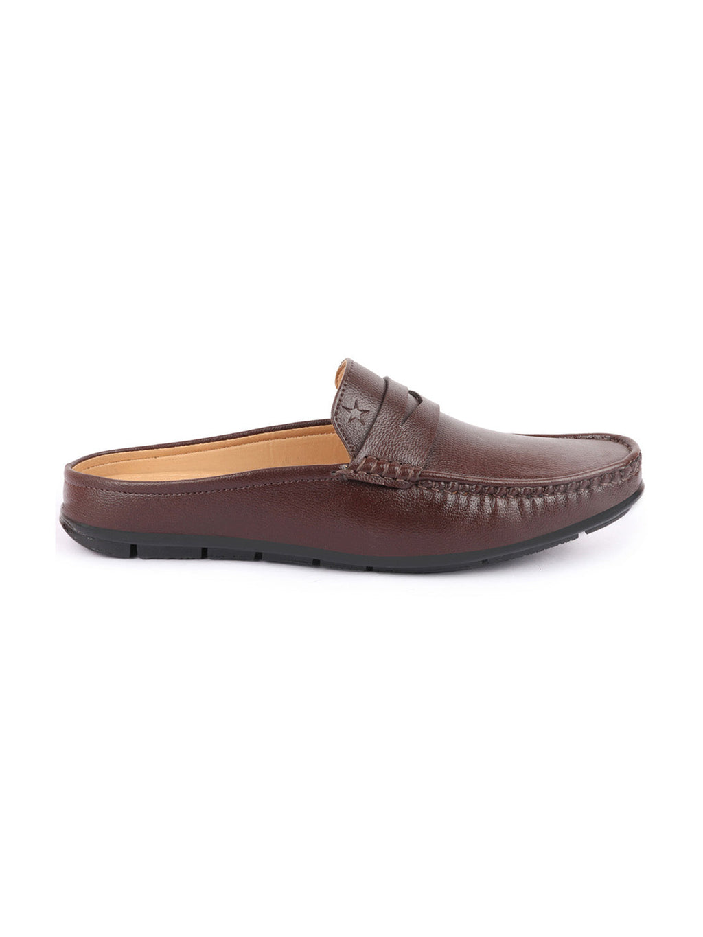 Shop Men Brown Slip On Back Open Stitched Mules Casual Shoes Online.