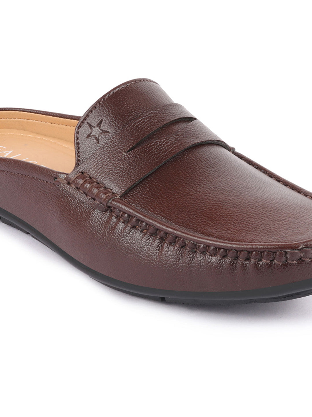 Shop Men Brown Slip On Back Open Stitched Mules Casual Shoes Online.
