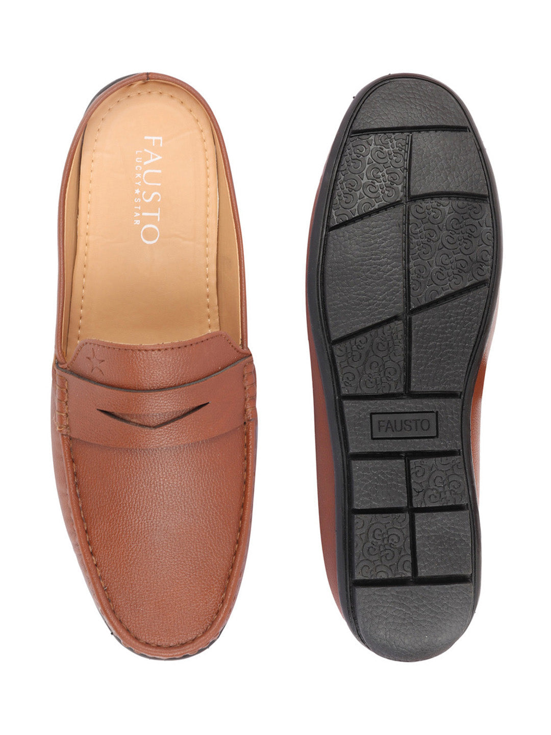 Shop Men Tan Slip On Back Open Stitched Mules Casual Shoes Online.