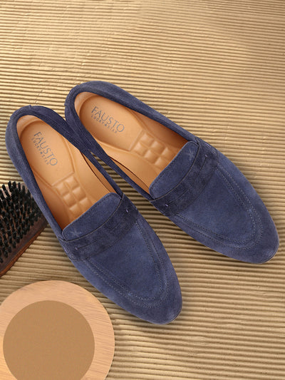 Shop Men Navy Blue Suede Leather Outdoor Penny Loafer Shoes Online