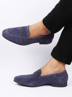 Shop Men Navy Blue Suede Leather Outdoor Penny Loafer Shoes Online.