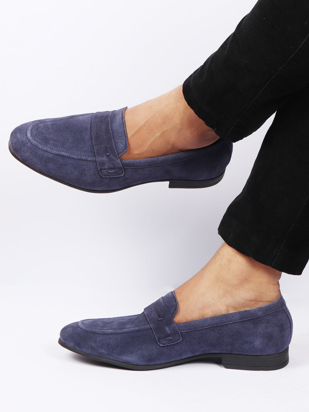 Shop Men Navy Blue Suede Leather Outdoor Penny Loafer Shoes Online.