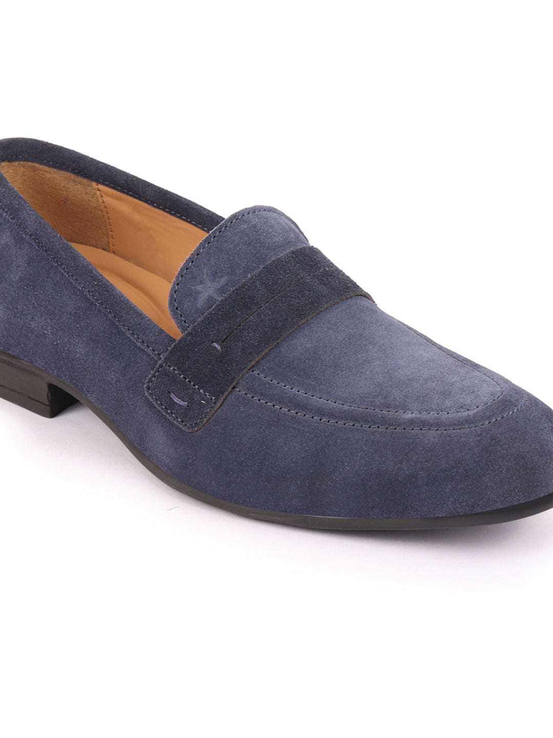 Shop Men Navy Blue Suede Leather Outdoor Penny Loafer Shoes Online.