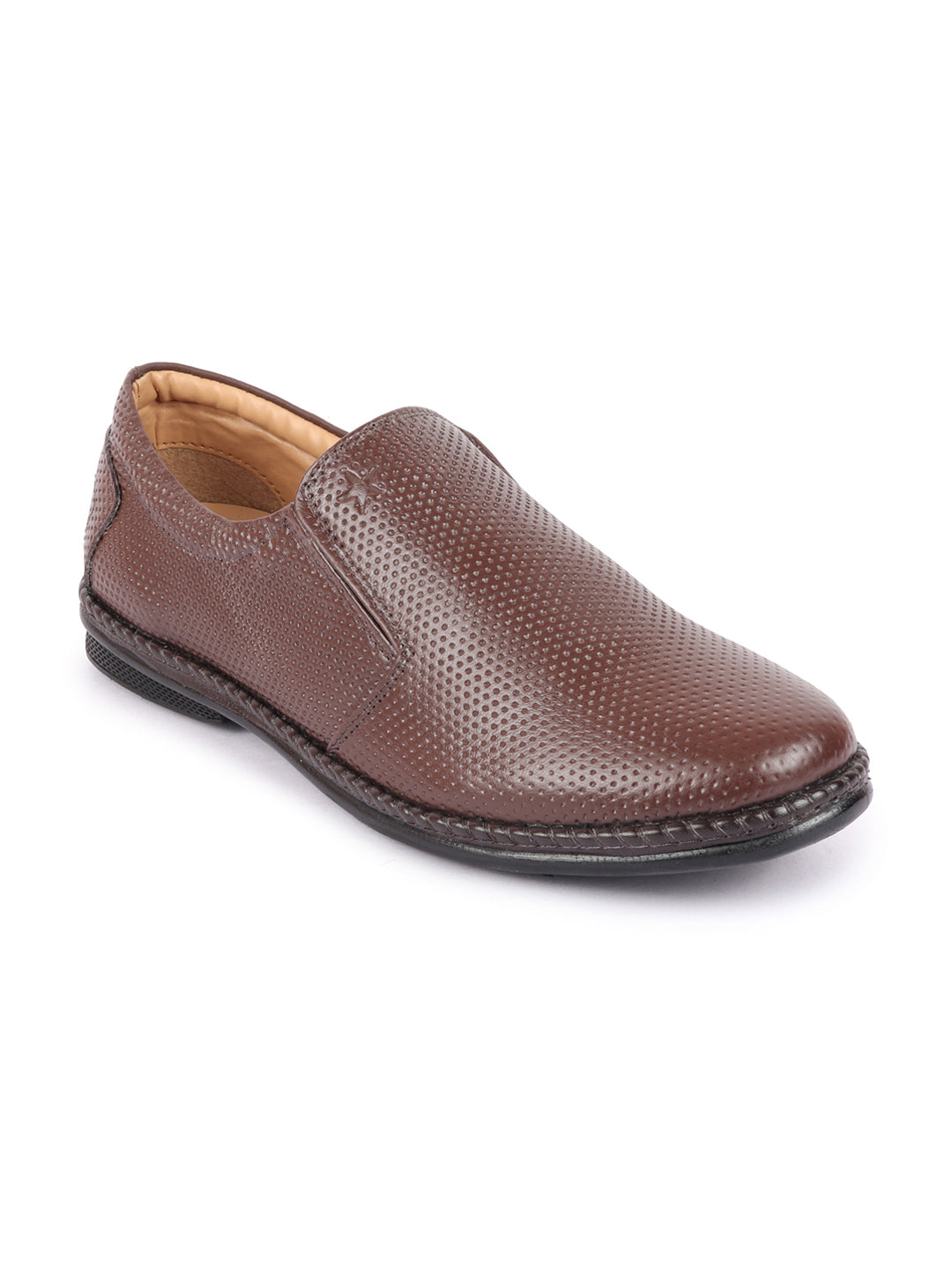 Shop Men Brown Textured Formal/Office Broad Toe Leather Slip On Shoes Online.