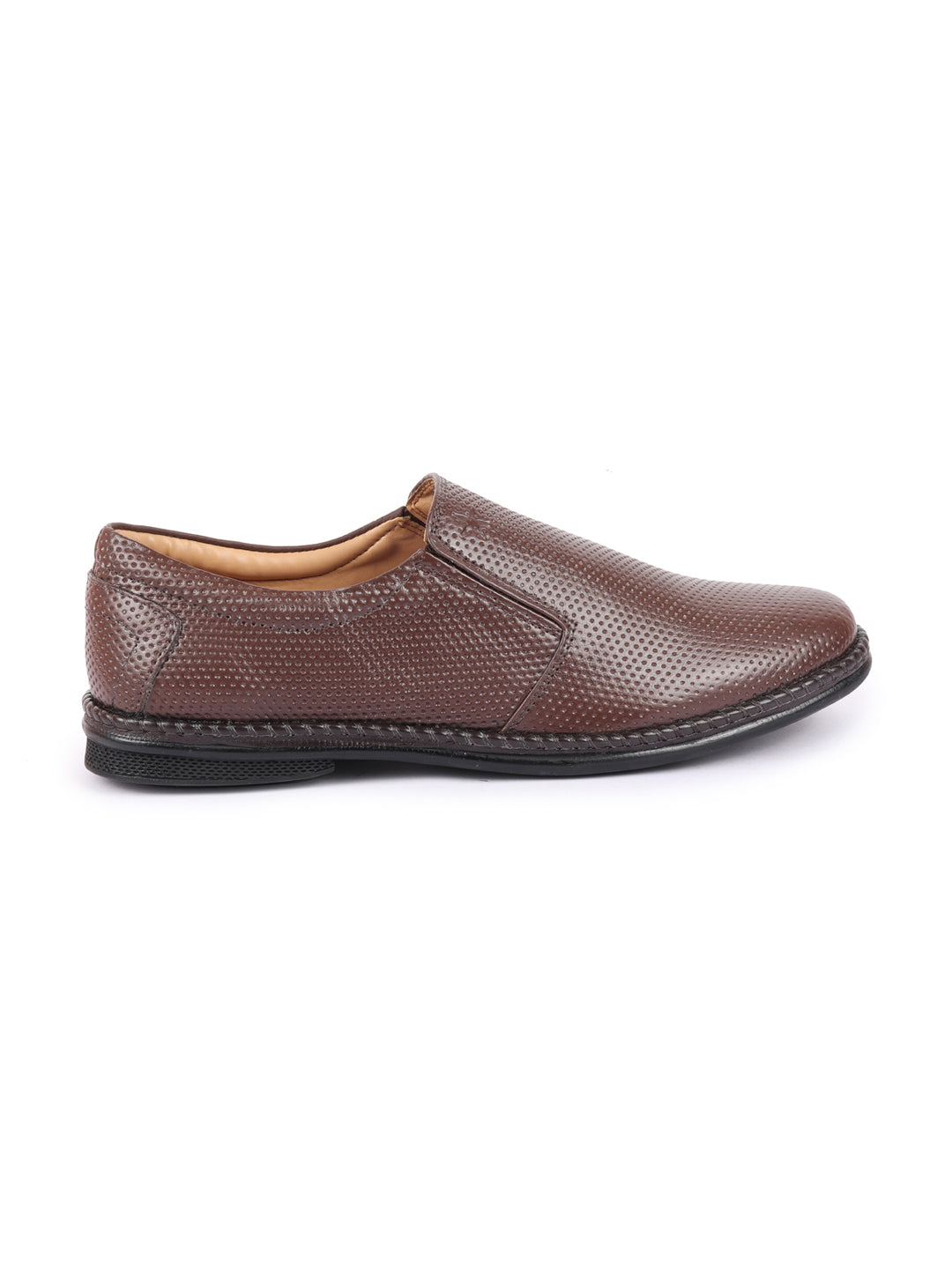 Shop Men Brown Textured Formal/Office Broad Toe Leather Slip On Shoes Online.