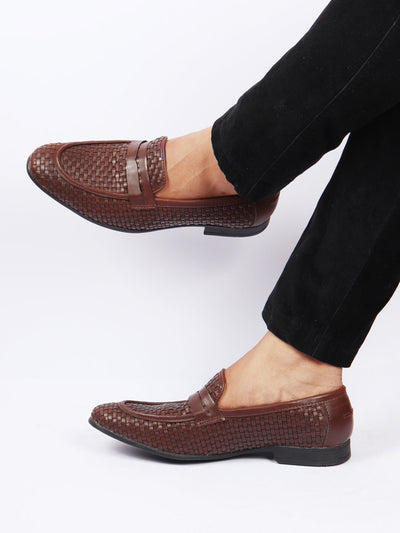 Shop Men Brown Hand Knitted Design Penny Loafer Slip On Shoes Online
