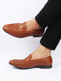 Men Tan Hand Knitted Design Penny Loafer Slip On Shoes