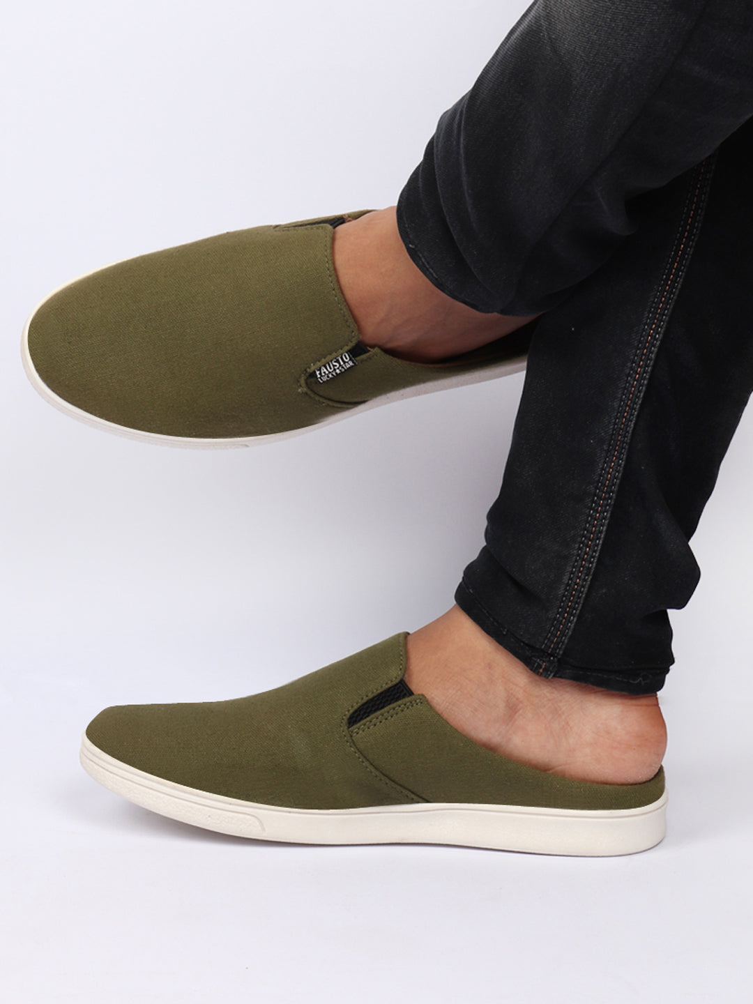 Shop Men Olive Green Casual Back Open Canvas Stylish Slip On Shoes