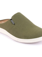 Shop Men Olive Green Casual Back Open Canvas Stylish Slip On Shoes Online.