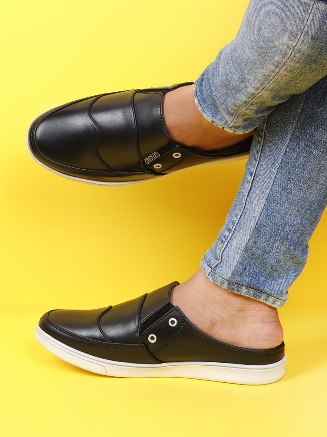 Shop Men Black Casual Back Open Classic Slip On Shoes Online.
