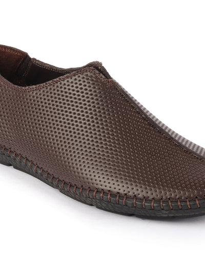 Shop Men Brown Side Stitched Full Sock Absorber Flexible Leather Slip On Shoes Online.