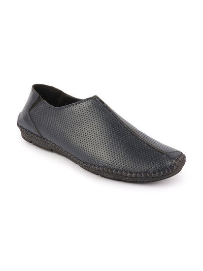 Shop Men Navy Blue Side Stitched Full Sock Absorber Flexible Leather Slip On Shoes Online.