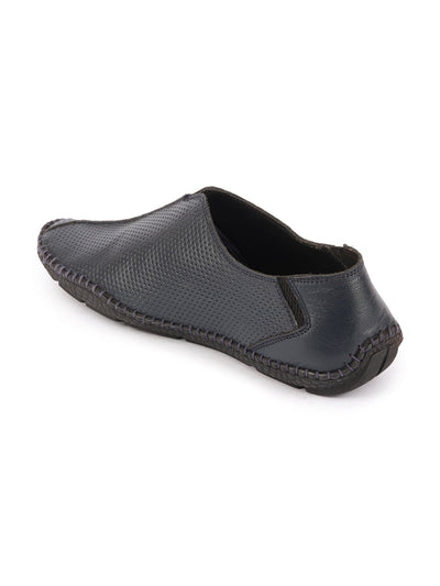 Shop Men Navy Blue Side Stitched Full Sock Absorber Flexible Leather Slip On Shoes Online.
