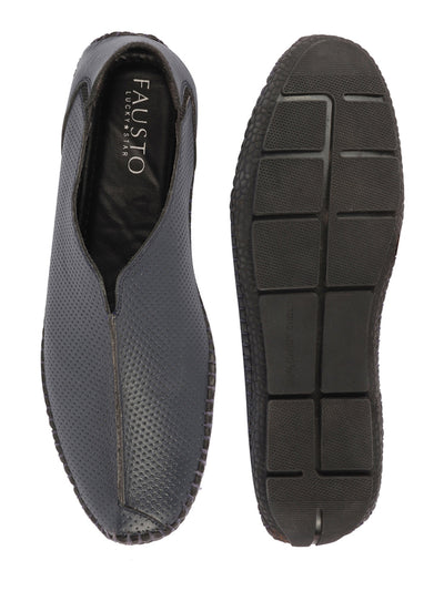 Shop Men Navy Blue Side Stitched Full Sock Absorber Flexible Leather Slip On Shoes Online.