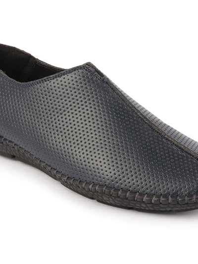Shop Men Navy Blue Side Stitched Full Sock Absorber Flexible Leather Slip On Shoes Online.