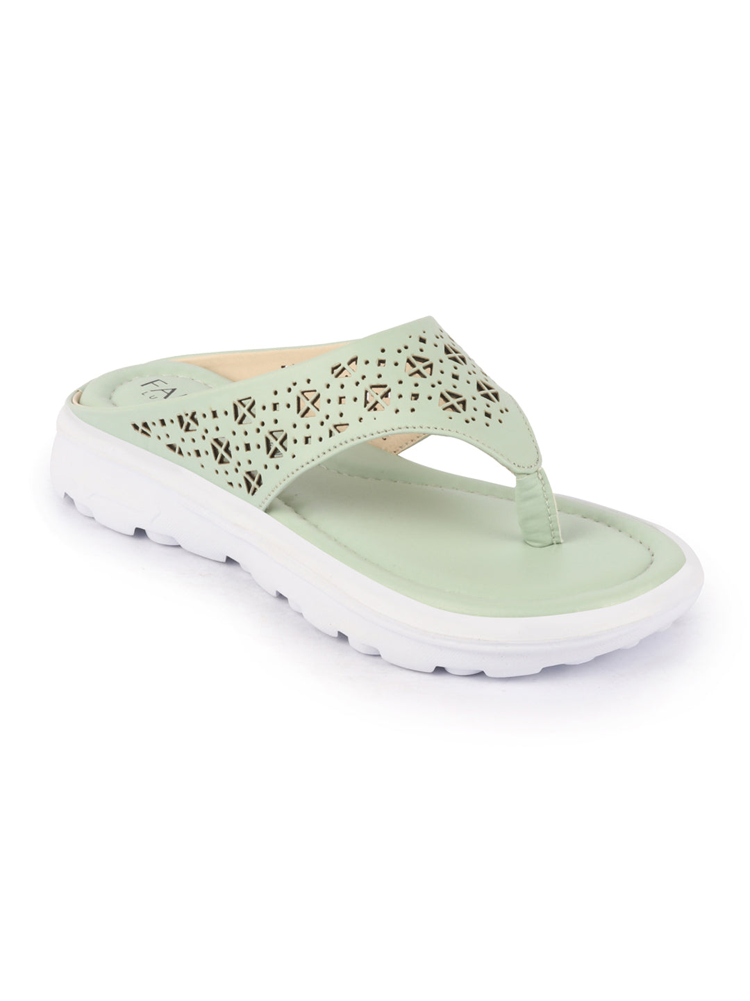 Shop Women Green Party Fashion Stylish Laser Cut Design Strap Thong Flats Wedges Slipper Online.