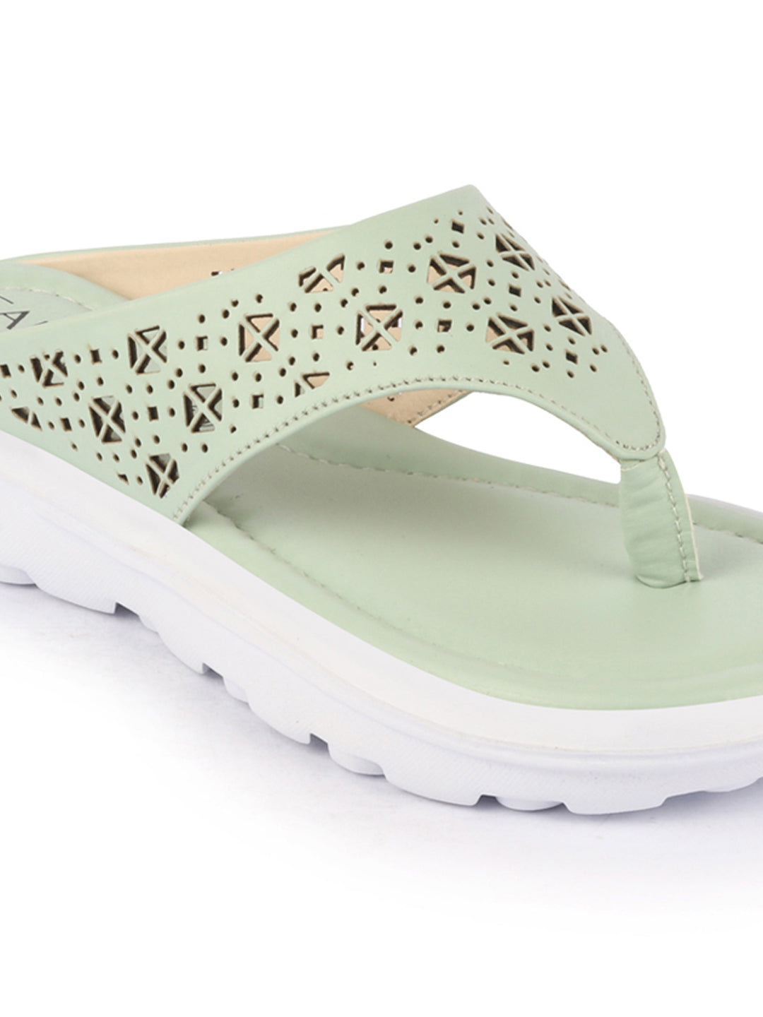 Shop Women Green Party Fashion Stylish Laser Cut Design Strap Thong Flats Wedges Slipper Online.
