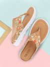 Shop Women Tan Comfort Fashion Stylish Floral Print Design Strap Thong Flats Wedges Slipper Online.