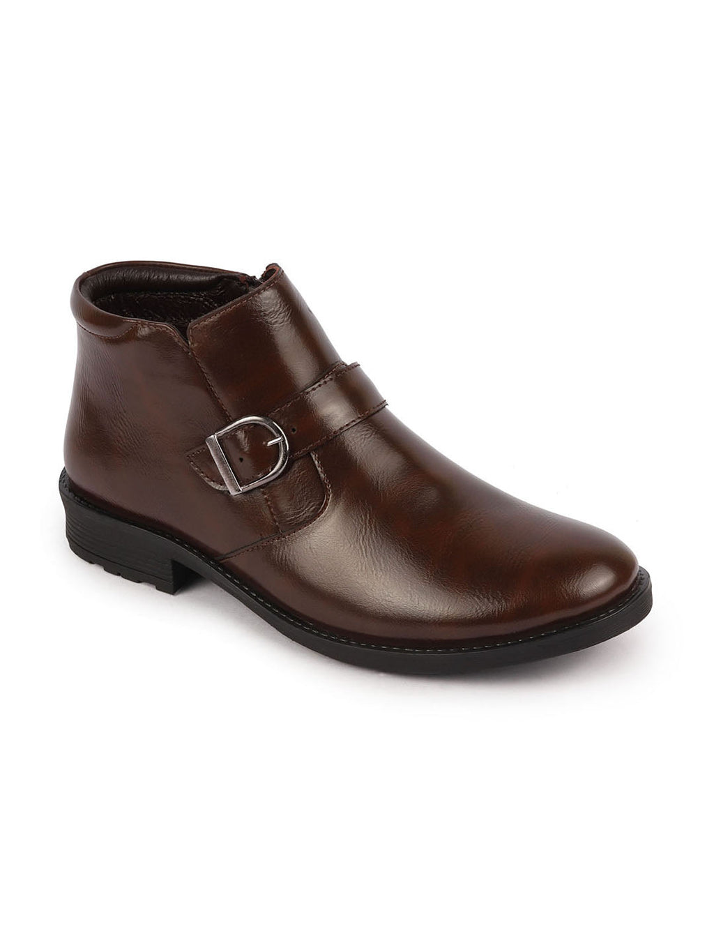 men brown mid top buckle side zipper single strap monk boots
