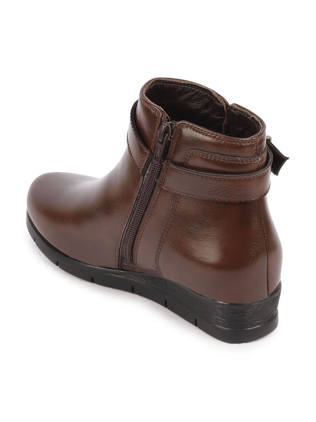 Shop Women Brown High Ankle Broad Feet Side Zipper Closure Casual Buckle Boots Online.