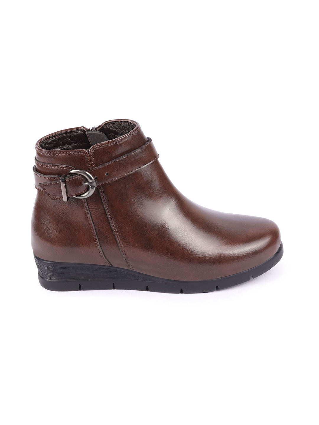 Shop Women Brown High Ankle Broad Feet Side Zipper Closure Casual Buckle Boots Online.
