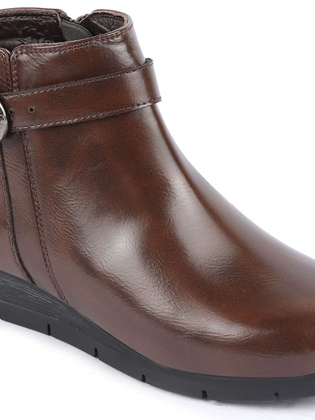 Shop Women Brown High Ankle Broad Feet Side Zipper Closure Casual Buckle Boots Online.