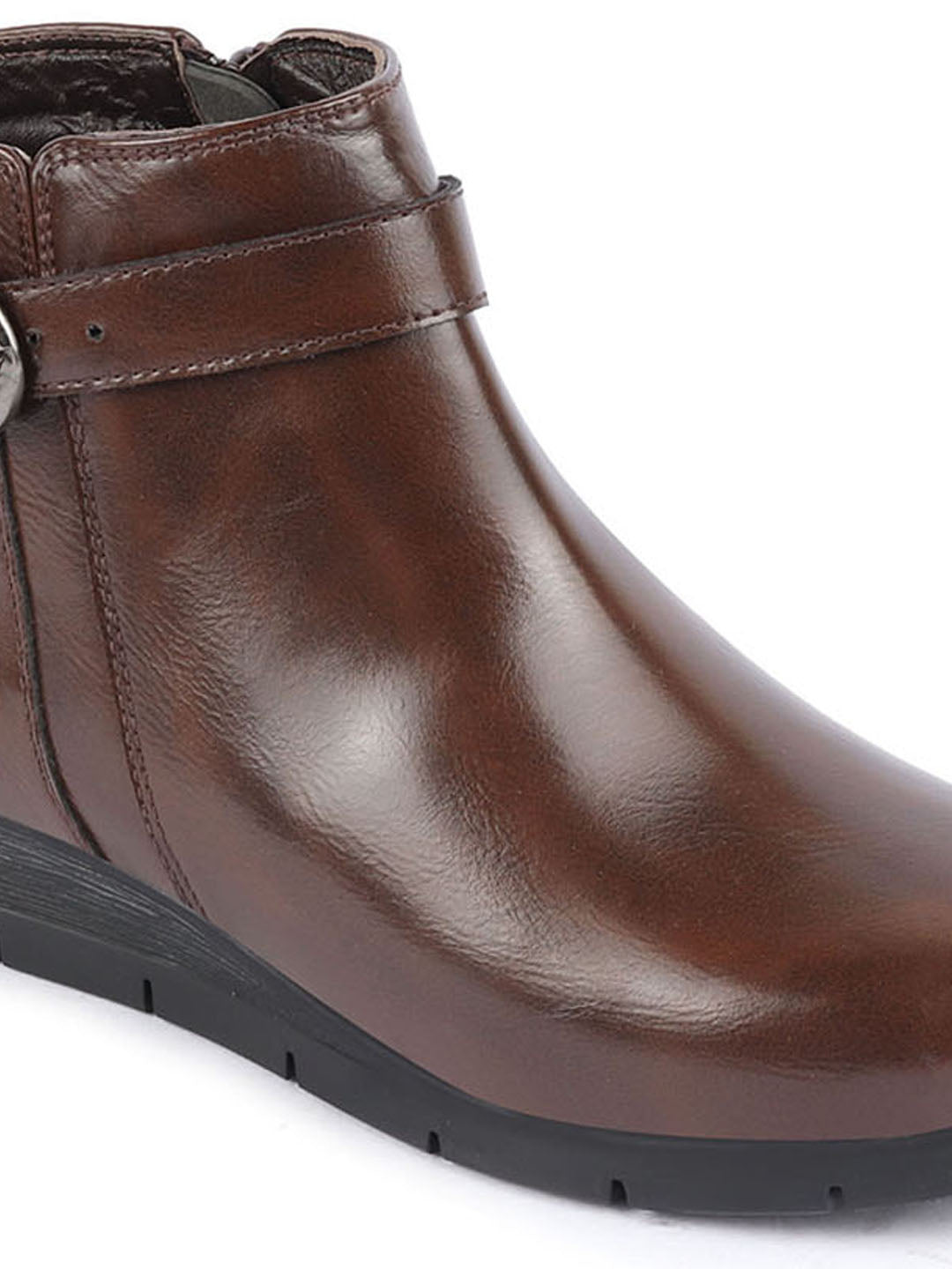 Shop Women Brown High Ankle Broad Feet Side Zipper Closure Casual Buckle Boots Online.