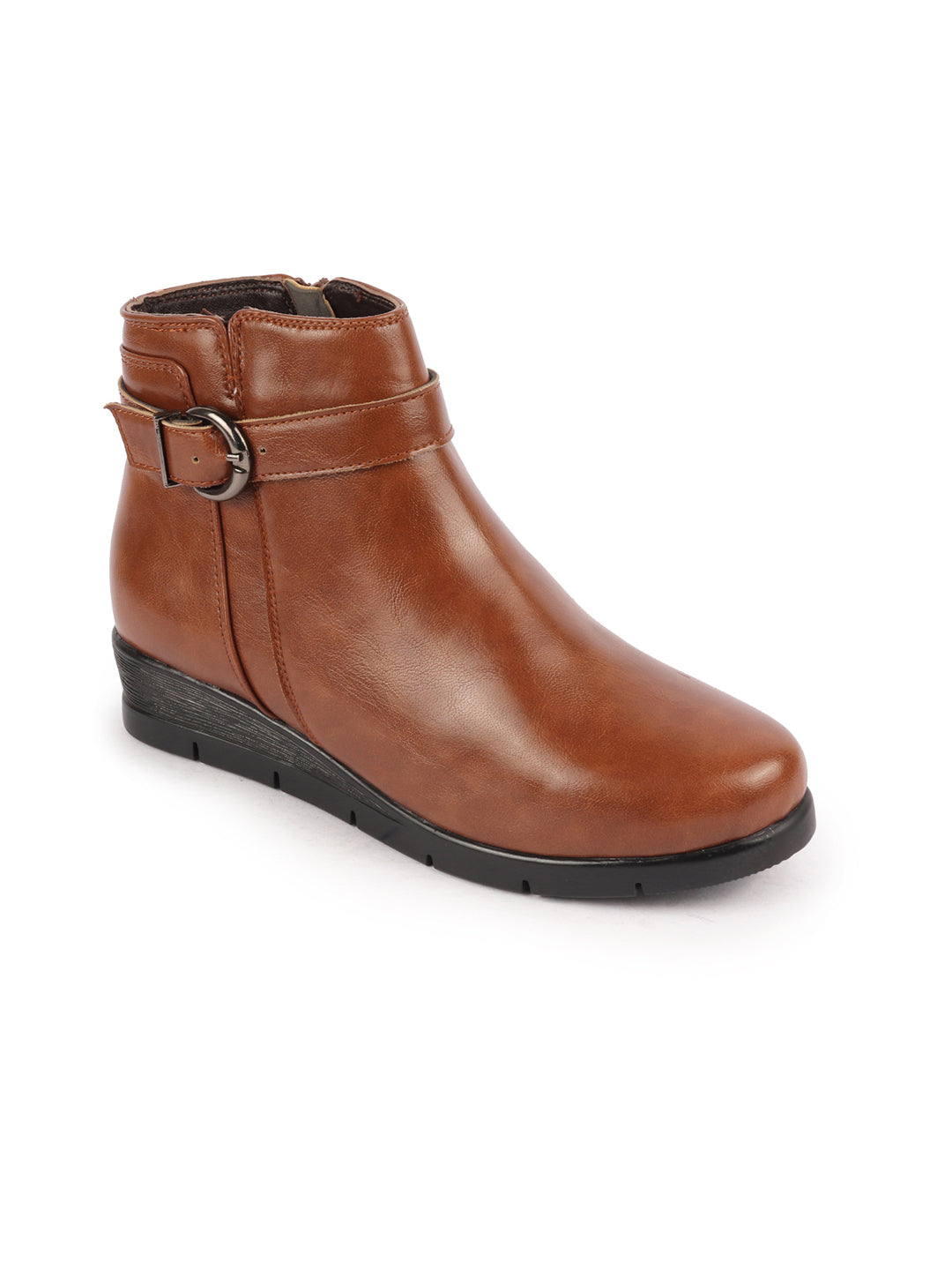 Shop Women Tan High Ankle Broad Feet Side Zipper Closure Casual Buckle Boots Online.