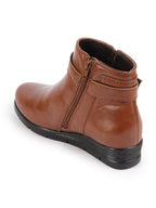 Shop Women Tan High Ankle Broad Feet Side Zipper Closure Casual Buckle Boots Online.
