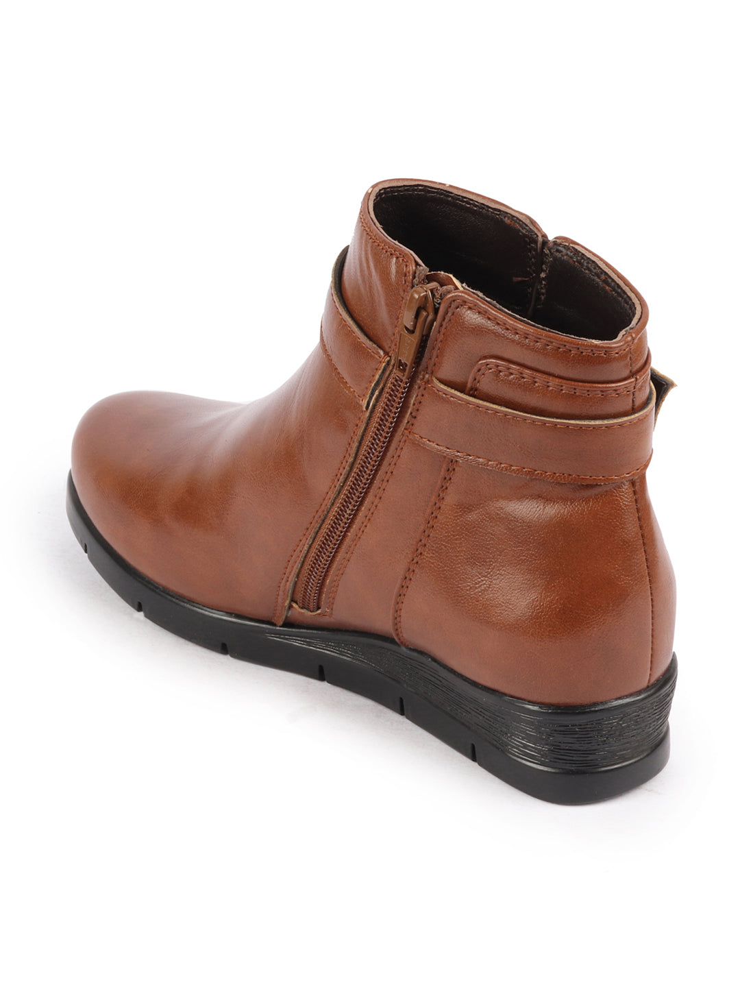 Shop Women Tan High Ankle Broad Feet Side Zipper Closure Casual Buckle Boots Online.
