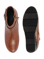 Shop Women Tan High Ankle Broad Feet Side Zipper Closure Casual Buckle Boots Online.