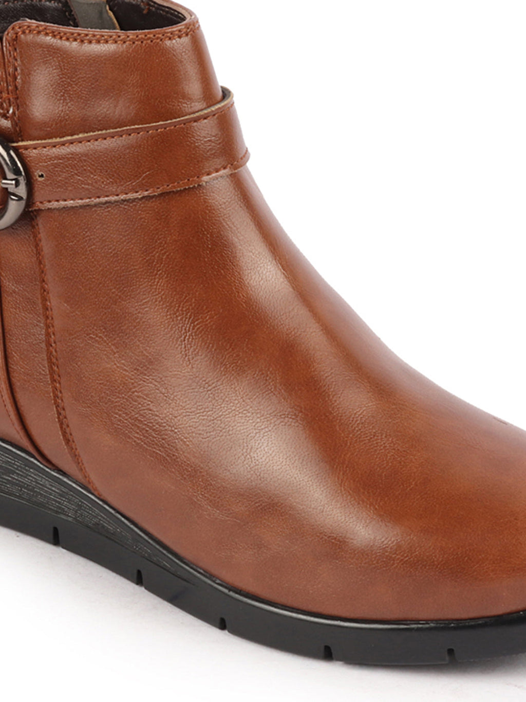 Shop Women Tan High Ankle Broad Feet Side Zipper Closure Casual Buckle Boots Online.