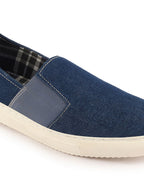 Shop Men Navy Blue Colorblocked Denim/Canvas Slip On Casual Loafer Shoes Online.