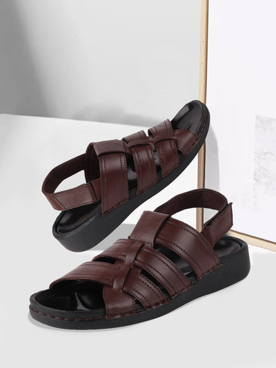 Leather Black Textured Open Sandals - Nocia