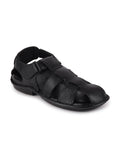Men Black Formal Leather Hook & Loop Flat Sandals